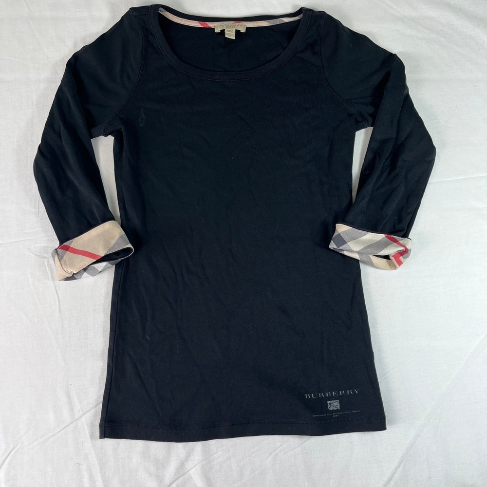 Burberry Brit Top Women Medium Black Long Sleeve Nova Check Cuff Scoop Neck